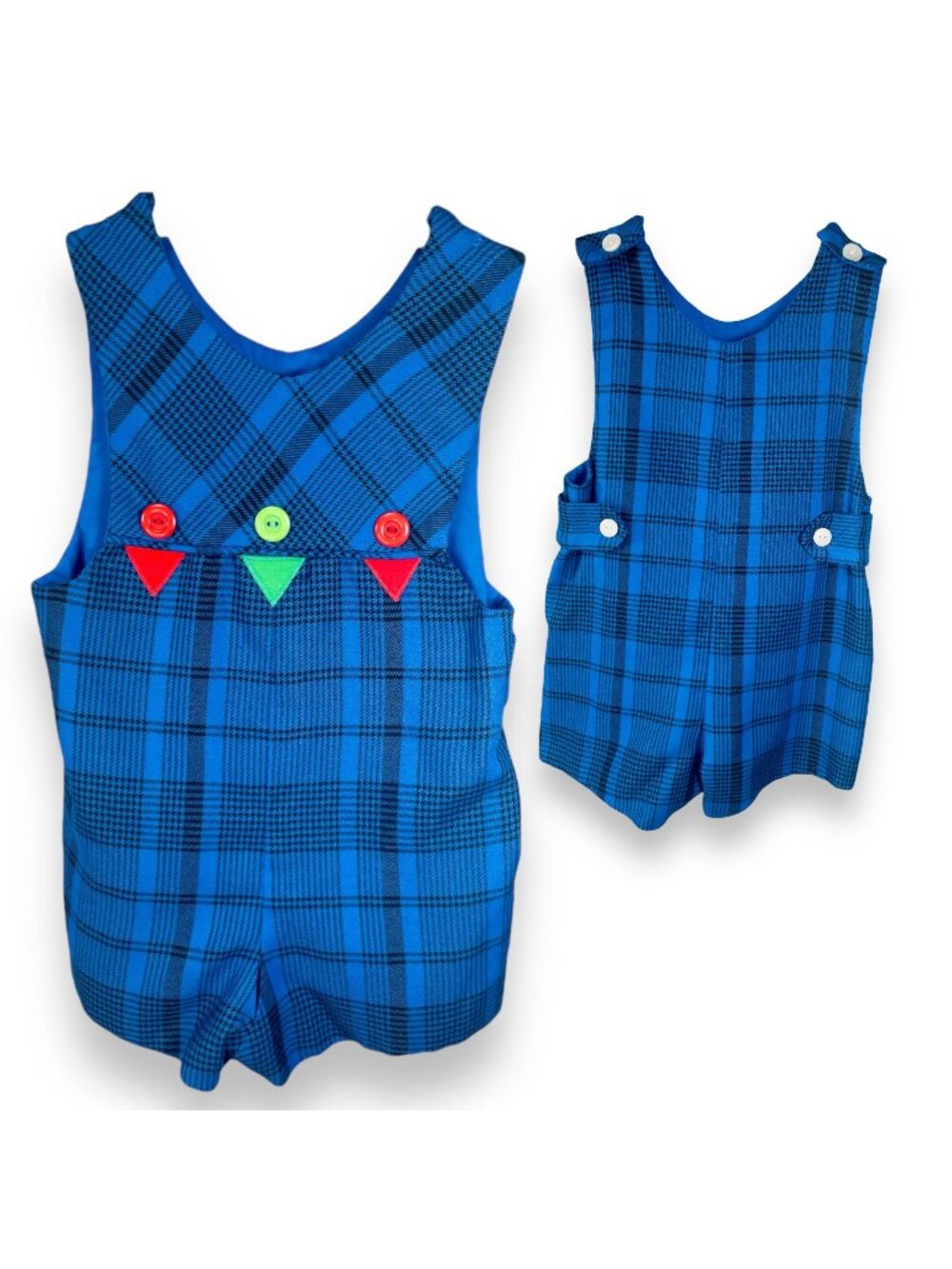 Vintage Toddler Boys Blue Geometric Button Back Shortalls Romper Outfit 2T / 3T